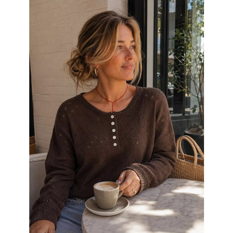 Pointelle Button-Front Round Neck Knit Top Brown / S Apparel and Accessories