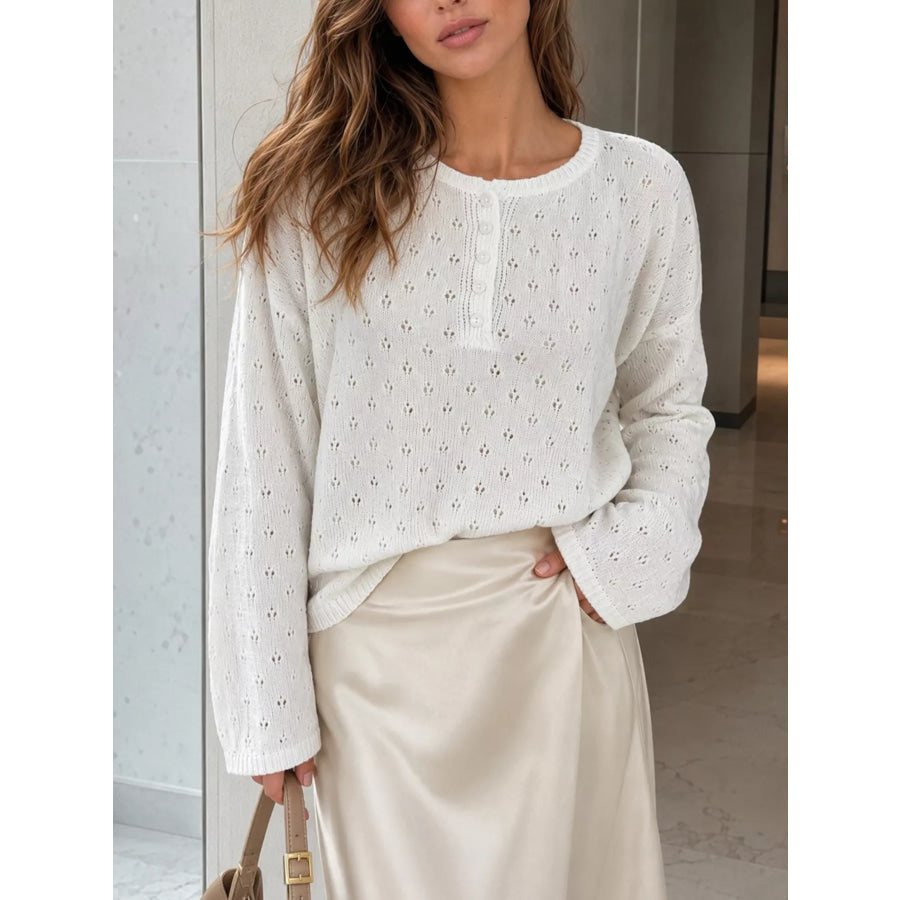 Pointelle Button-Front Round Neck Knit Top White / S Apparel and Accessories