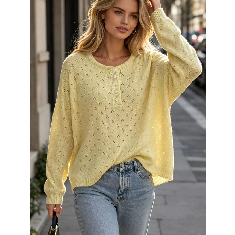 Pointelle Button-Front Round Neck Knit Top Yellow / S Apparel and Accessories