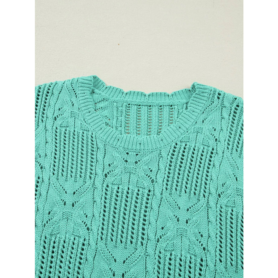 Pointelle Knit Patterned Scalloped Trim Short Sleeve Sweater Apparel and Accessories
