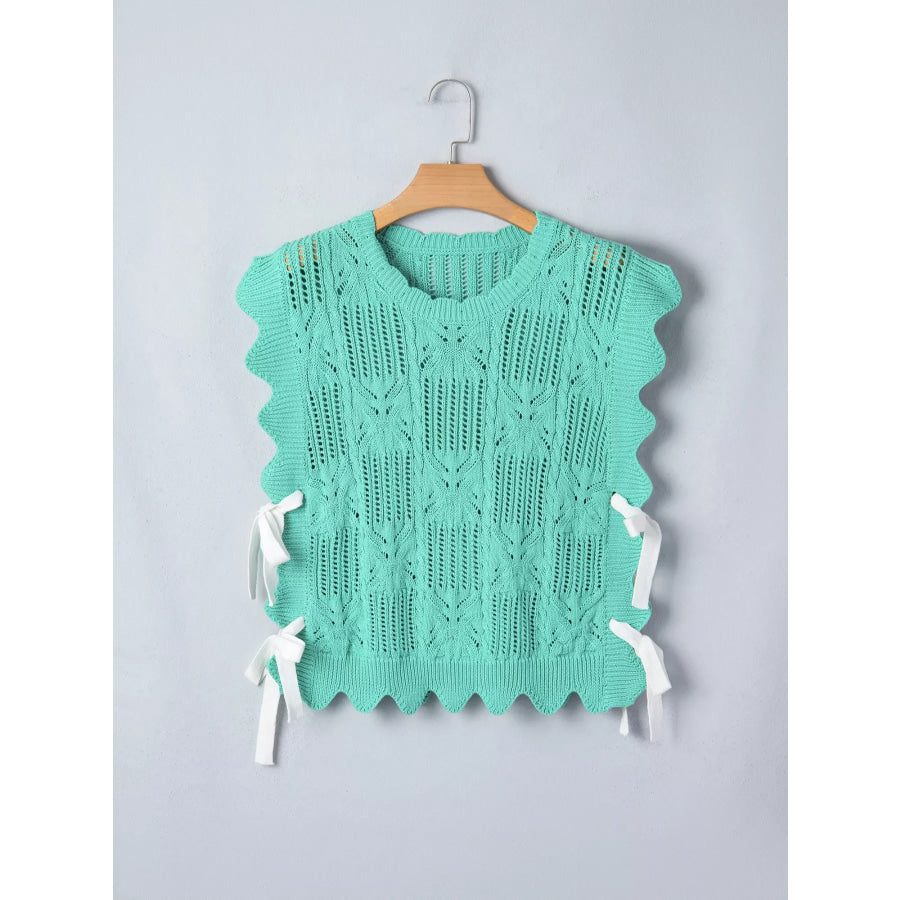 Pointelle Knit Patterned Scalloped Trim Short Sleeve Sweater Apparel and Accessories