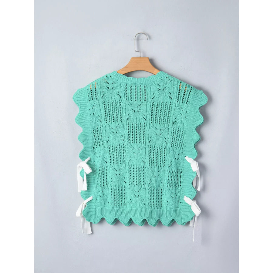 Pointelle Knit Patterned Scalloped Trim Short Sleeve Sweater Apparel and Accessories