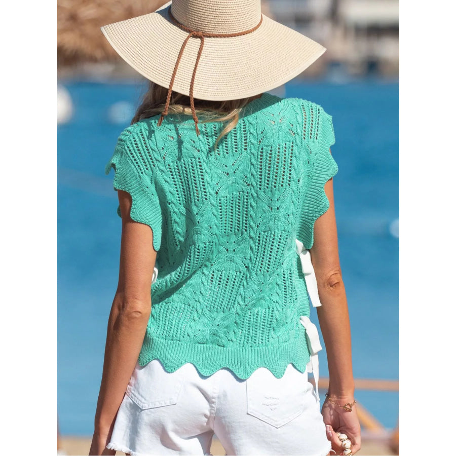 Pointelle Knit Patterned Scalloped Trim Short Sleeve Sweater Apparel and Accessories