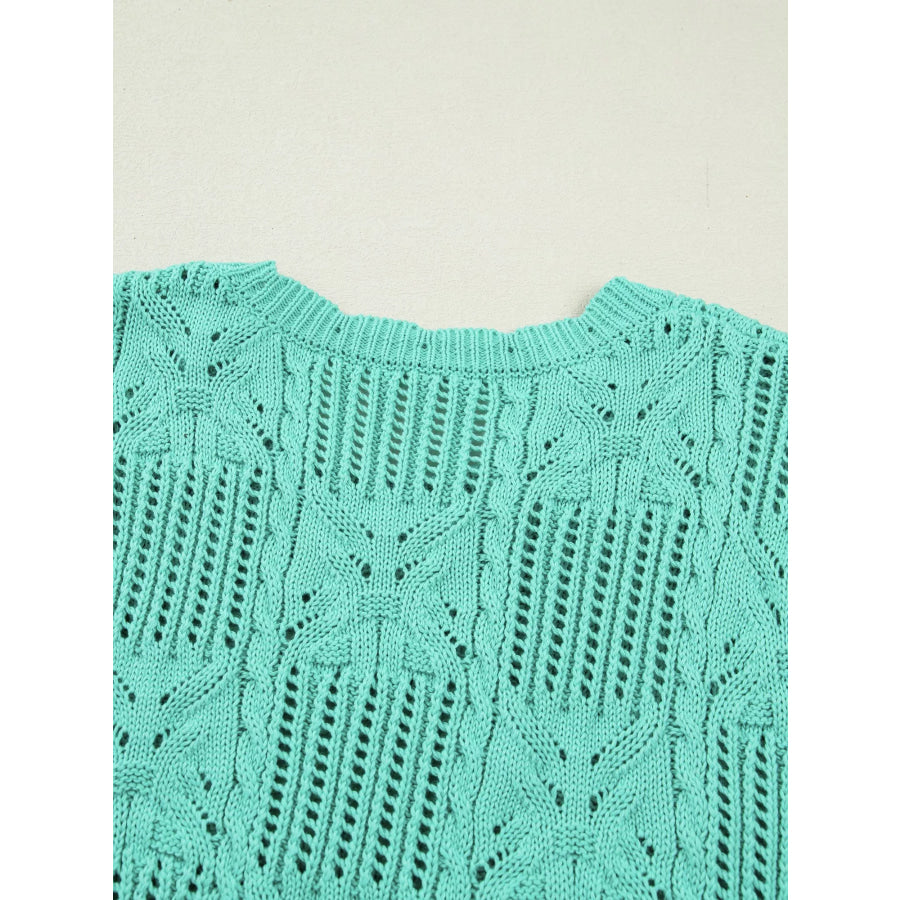 Pointelle Knit Patterned Scalloped Trim Short Sleeve Sweater Apparel and Accessories