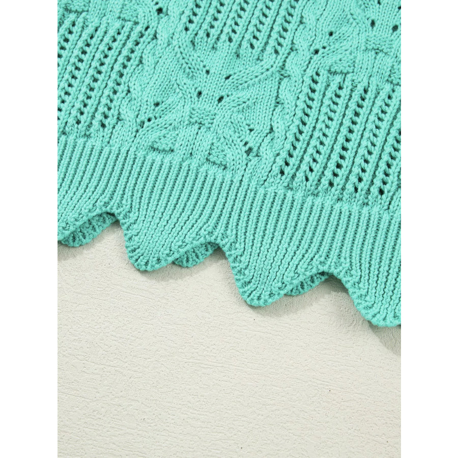 Pointelle Knit Patterned Scalloped Trim Short Sleeve Sweater Apparel and Accessories