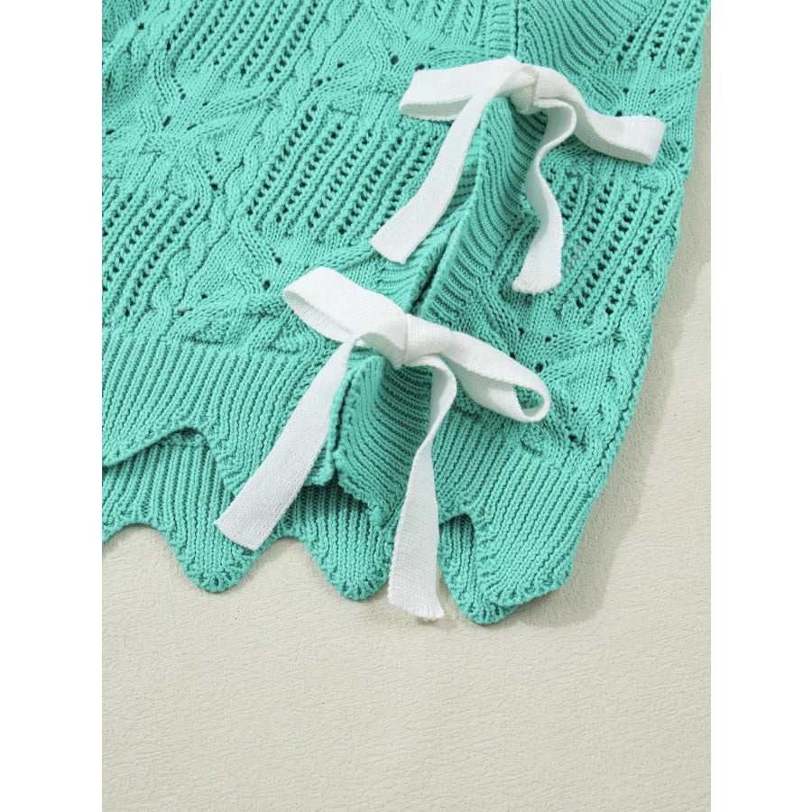 Pointelle Knit Patterned Scalloped Trim Short Sleeve Sweater Apparel and Accessories