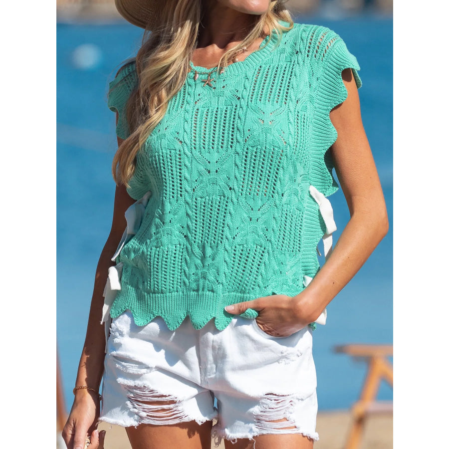 Pointelle Knit Patterned Scalloped Trim Short Sleeve Sweater Turquoise / M Apparel and Accessories