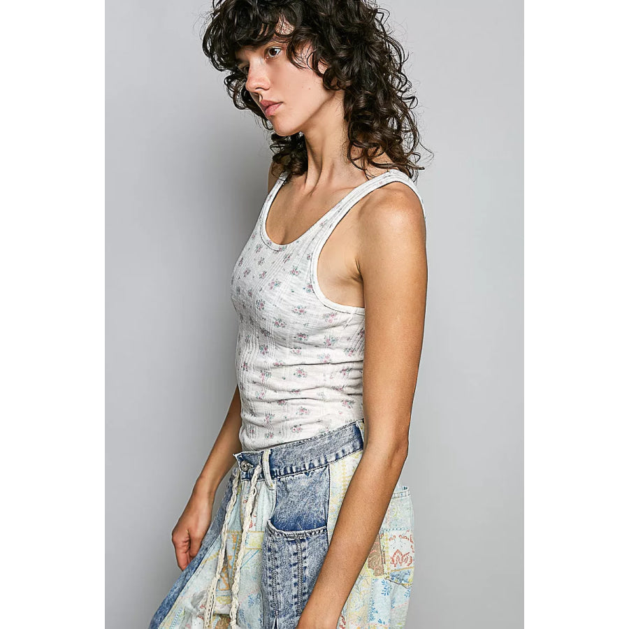 POL All Over Floral Ribbed Tank IVORY / S Apparel and Accessories