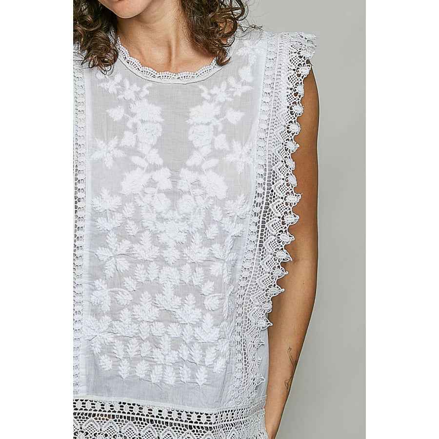 POL Allover Botanical Embroidered Scalloped Lace Sleeveless Top Apparel and Accessories