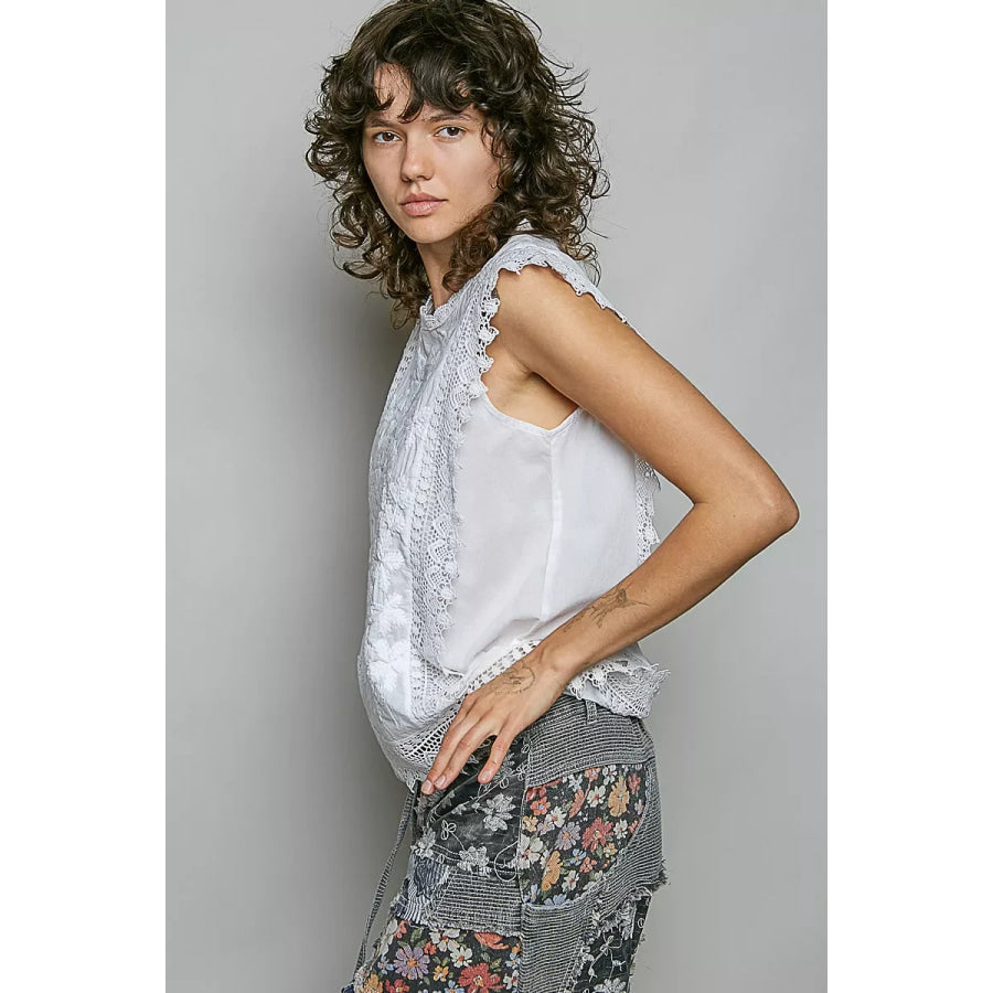 POL Allover Botanical Embroidered Scalloped Lace Sleeveless Top Apparel and Accessories