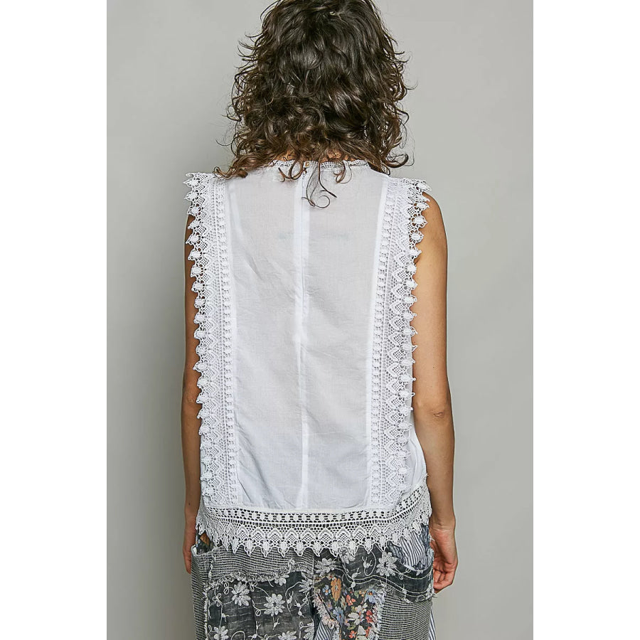 POL Allover Botanical Embroidered Scalloped Lace Sleeveless Top Apparel and Accessories