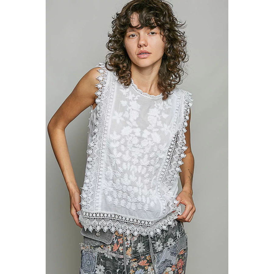 POL Allover Botanical Embroidered Scalloped Lace Sleeveless Top Apparel and Accessories