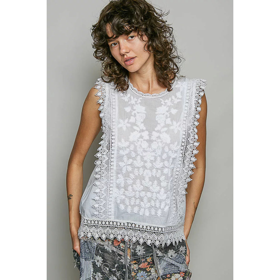 POL Allover Botanical Embroidered Scalloped Lace Sleeveless Top OFF WHITE / S Apparel and Accessories