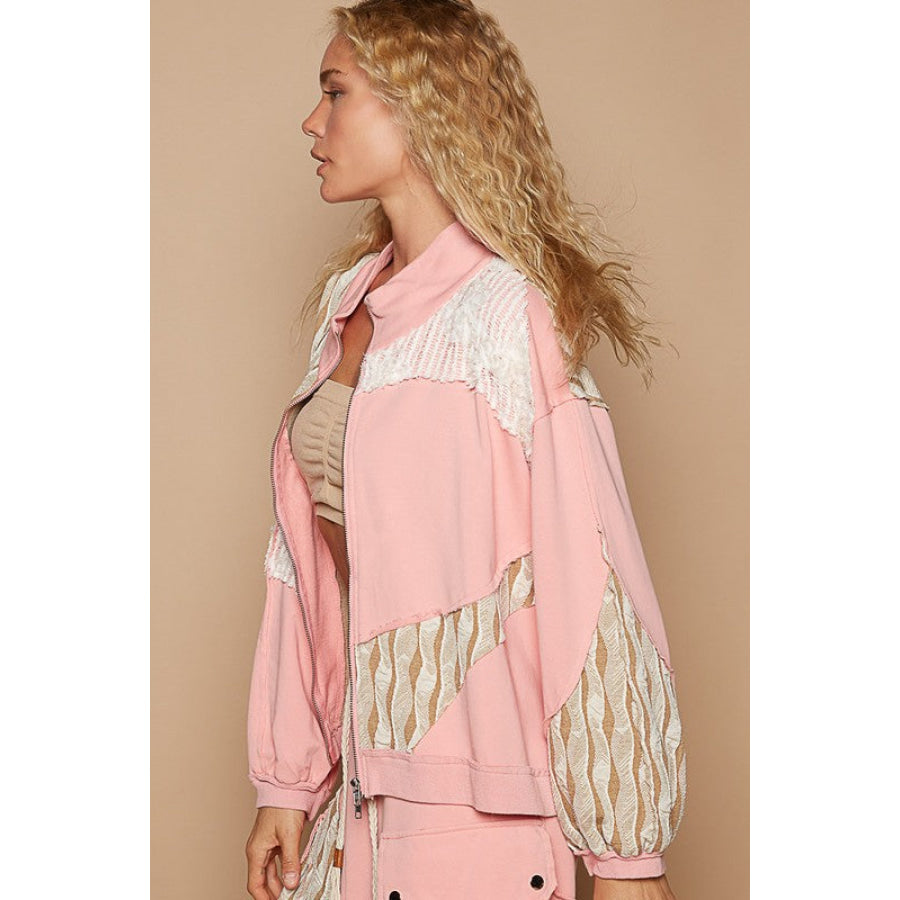 POL Applique Patchwork Zip Up Jacket Apparel and Accessories