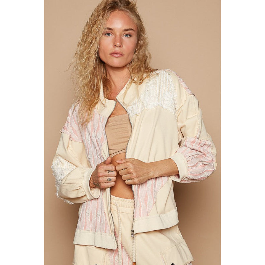 POL Applique Patchwork Zip Up Jacket Cream Beige / S Apparel and Accessories