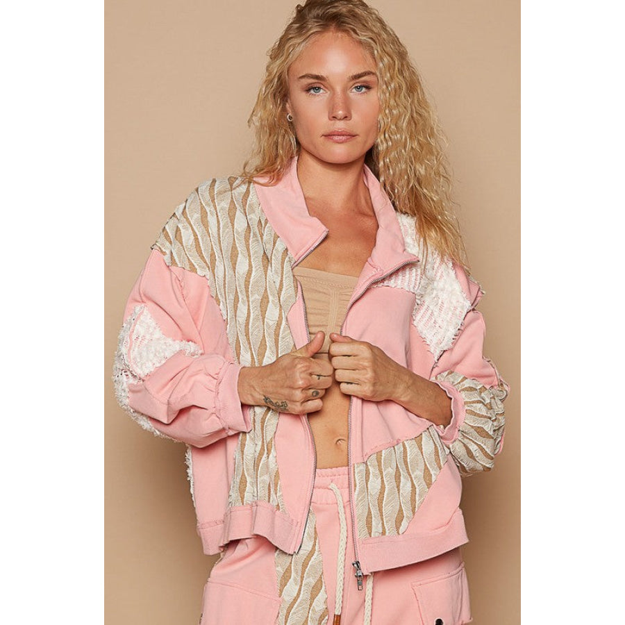 POL Applique Patchwork Zip Up Jacket Watermelon pink / S Apparel and Accessories