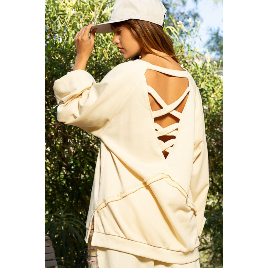 POL Back Cross Strap Detail Balloon Sleeve Sweatshirt Cream Milk / S Apparel and Accessories