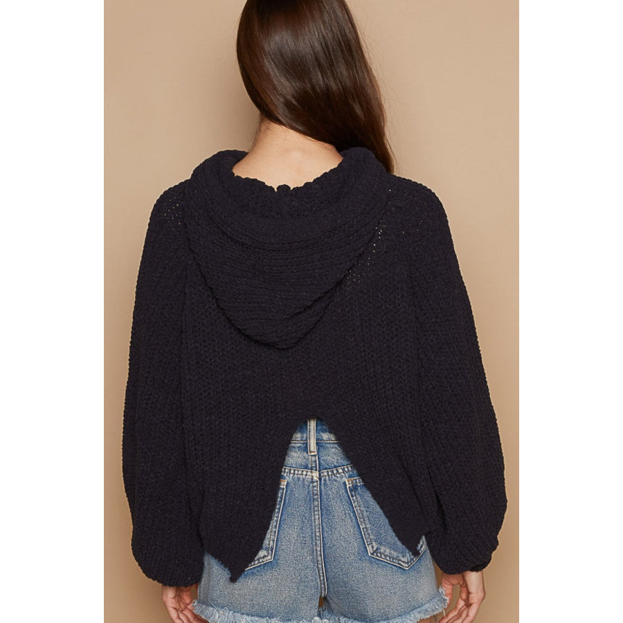 POL Back Open Slit Balloon Sleeve Crop Hooded Sweater Apparel and Accessories