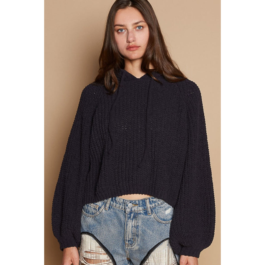 POL Back Open Slit Balloon Sleeve Crop Hooded Sweater Indigo / S Apparel and Accessories