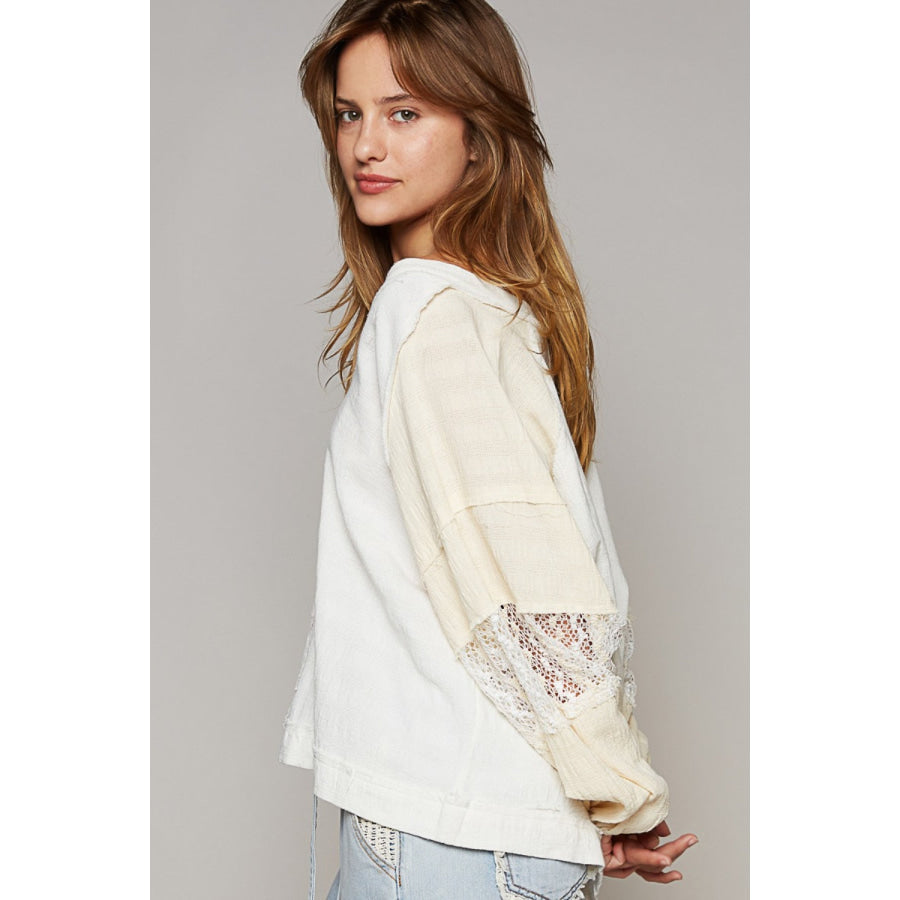 POL Balloon Sleeve Crochet Patch Top Apparel and Accessories