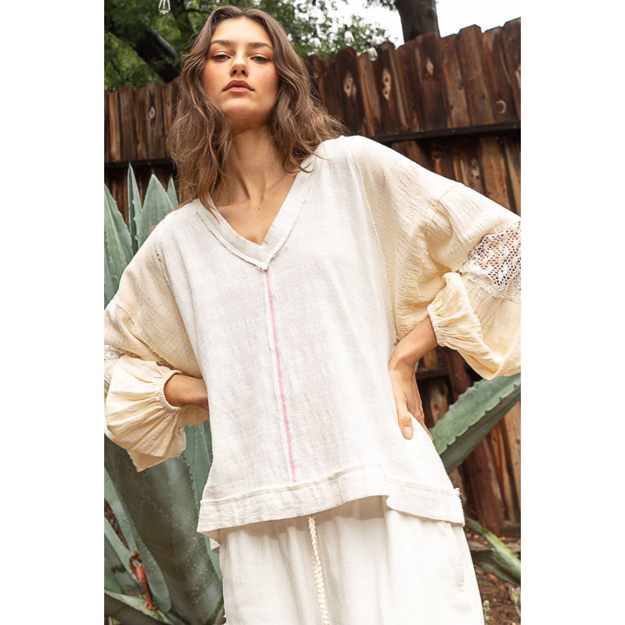 POL Balloon Sleeve Crochet Patch Top Off White/Natural / S Apparel and Accessories