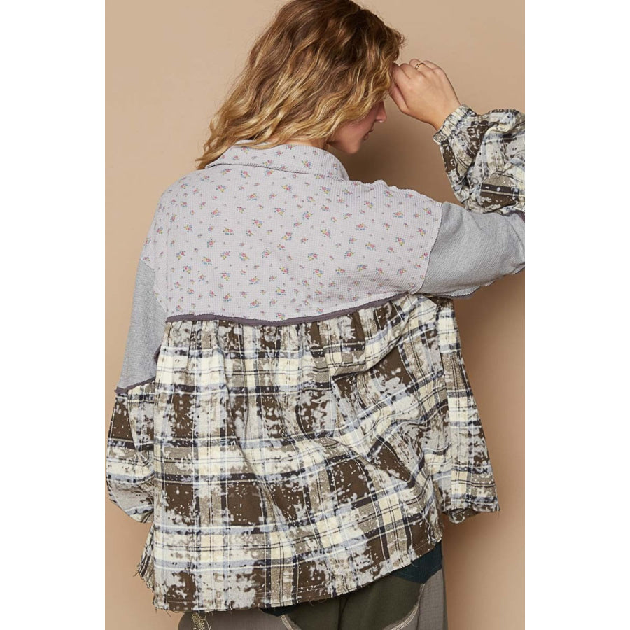 POL Balloon Sleeve Floral Color Block Plaid Shirt Brown/Grey / S Apparel and Accessories