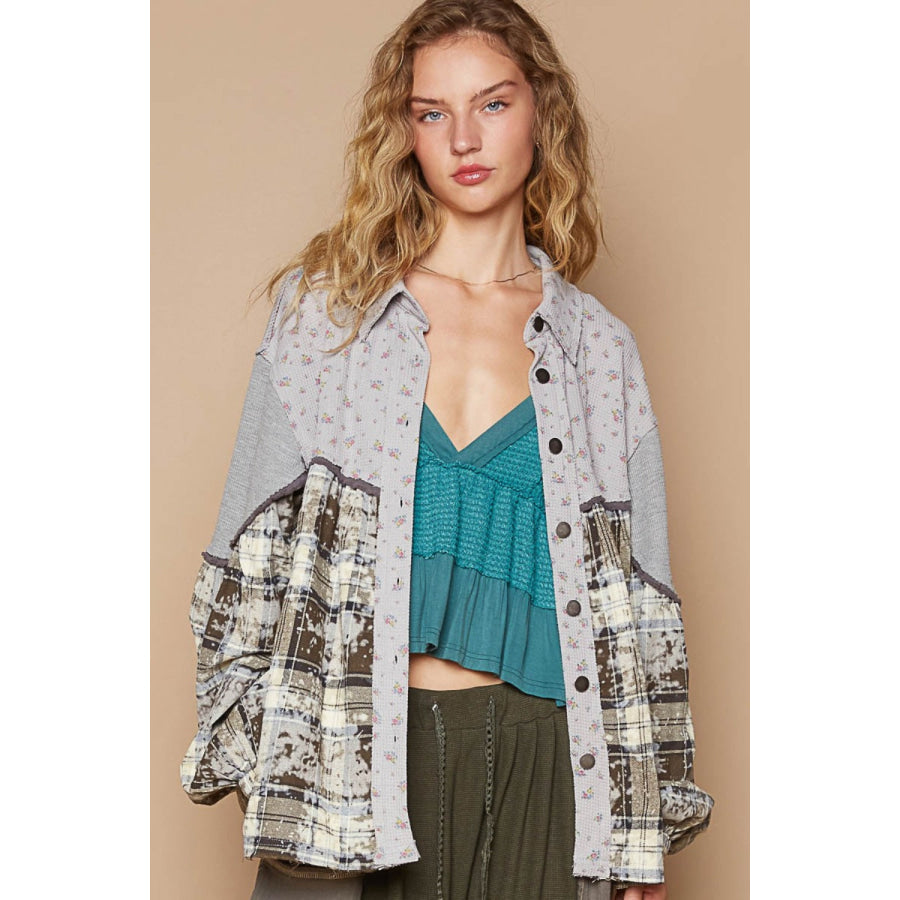 POL Balloon Sleeve Floral Color Block Plaid Shirt Apparel and Accessories