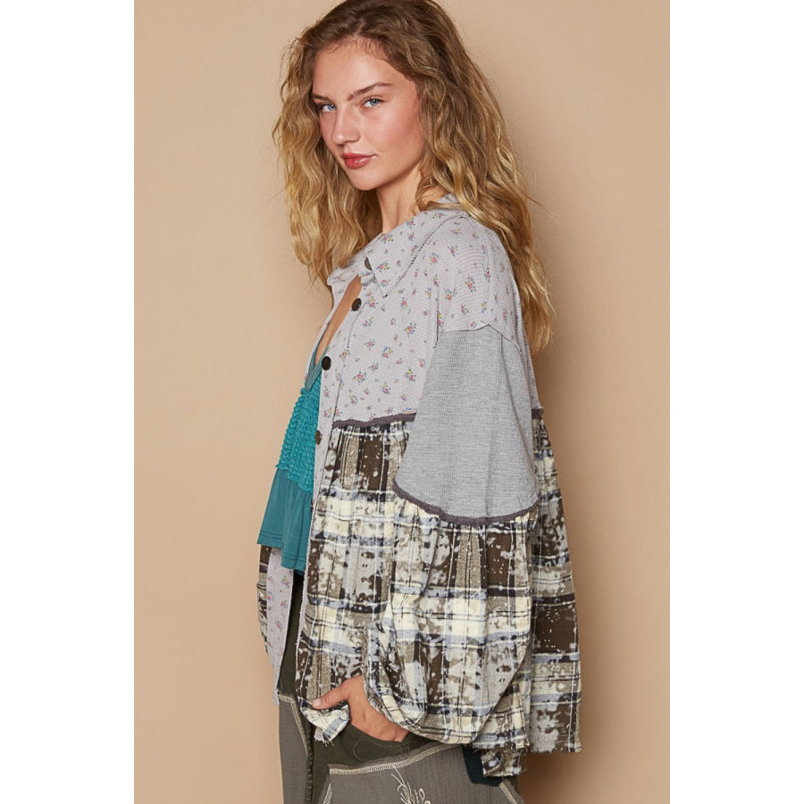 POL Balloon Sleeve Floral Color Block Plaid Shirt Apparel and Accessories
