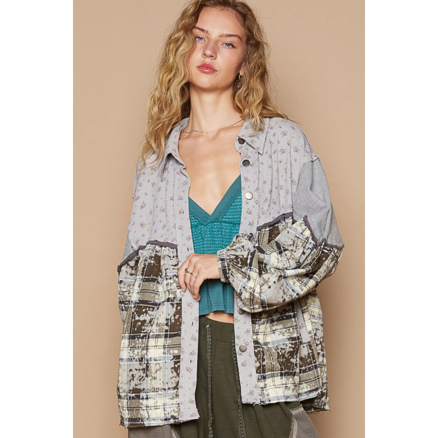 POL Balloon Sleeve Floral Color Block Plaid Shirt Brown/Grey / S Apparel and Accessories