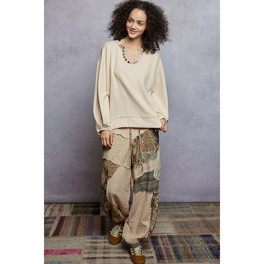 POL Balloon Sleeve Oversized Ribbed Top with Floral Pattern Contrast Apparel and Accessories