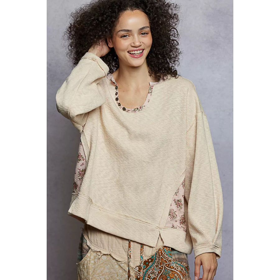 POL Balloon Sleeve Oversized Ribbed Top with Floral Pattern Contrast Apparel and Accessories