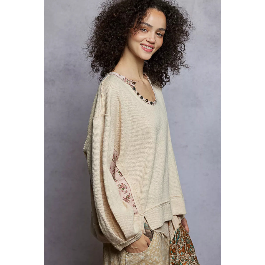 POL Balloon Sleeve Oversized Ribbed Top with Floral Pattern Contrast Apparel and Accessories