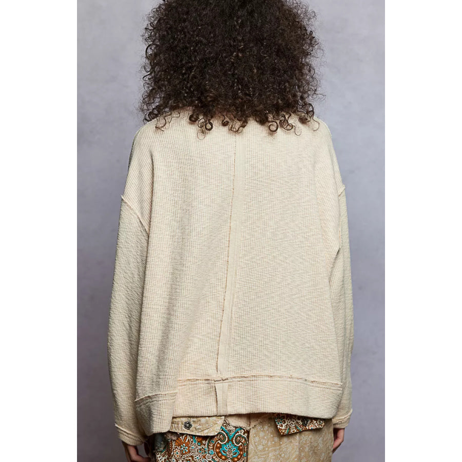 POL Balloon Sleeve Oversized Ribbed Top with Floral Pattern Contrast Apparel and Accessories