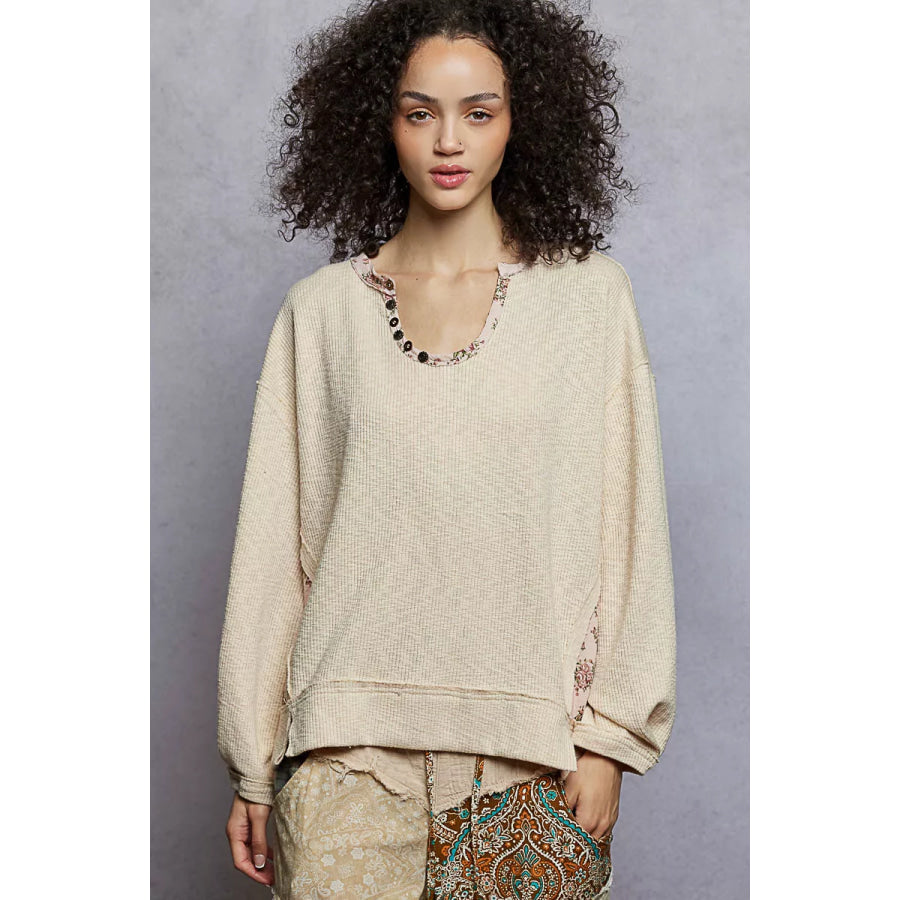 POL Balloon Sleeve Oversized Ribbed Top with Floral Pattern Contrast POWDER ALMOND / S Apparel and Accessories