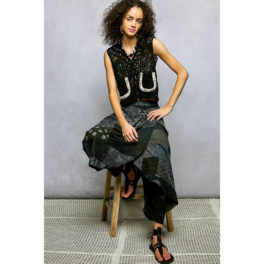 POL Button Down Cropped Crochet Vest with Scalloped Edge BLACK / One Size Apparel and Accessories