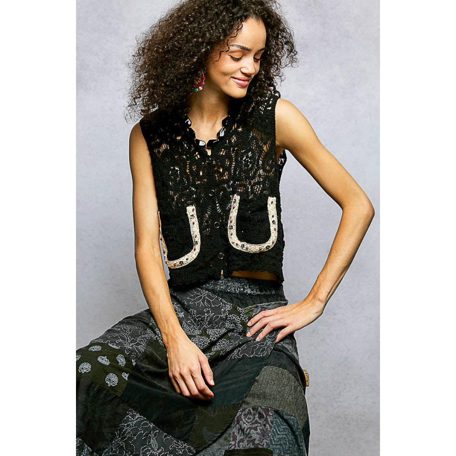 POL Button Down Cropped Crochet Vest with Scalloped Edge BLACK / One Size Apparel and Accessories
