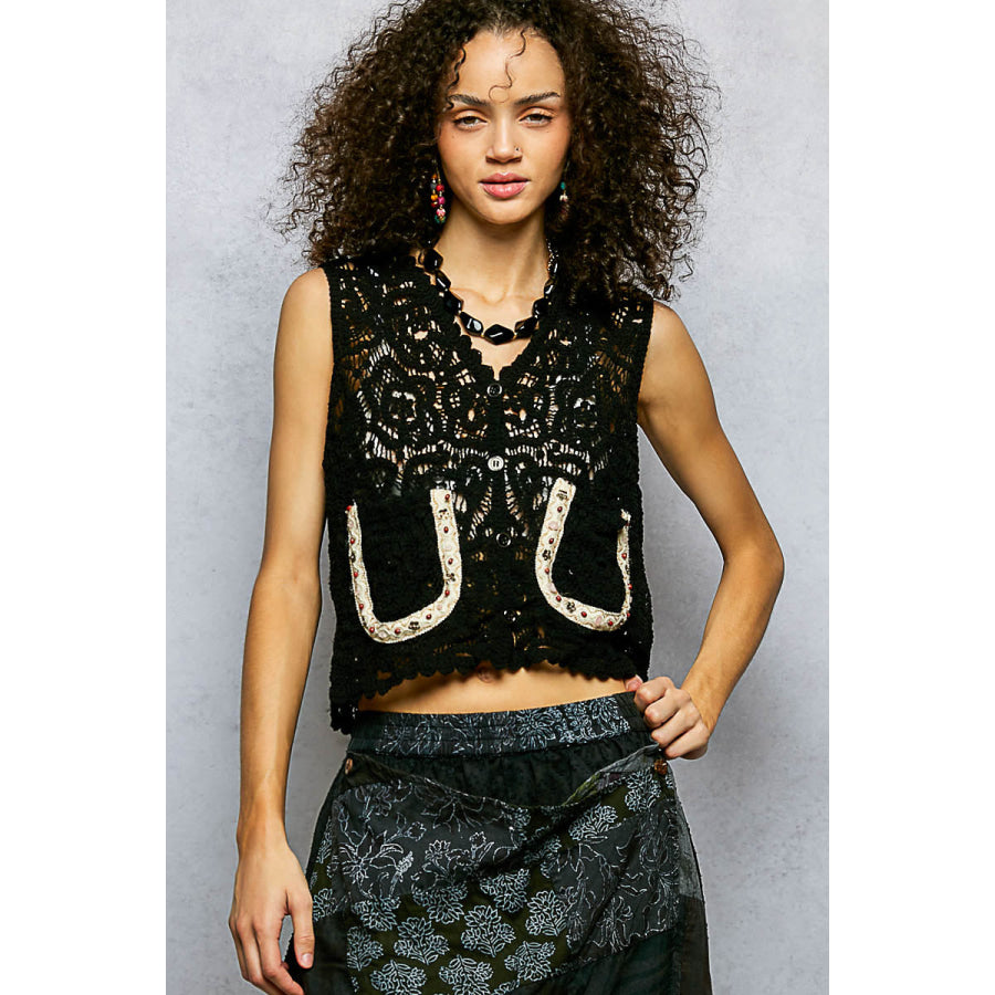 POL Button Down Cropped Crochet Vest with Scalloped Edge BLACK / One Size Apparel and Accessories
