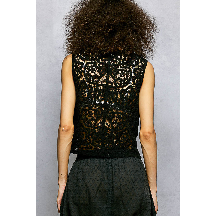 POL Button Down Cropped Crochet Vest with Scalloped Edge BLACK / One Size Apparel and Accessories