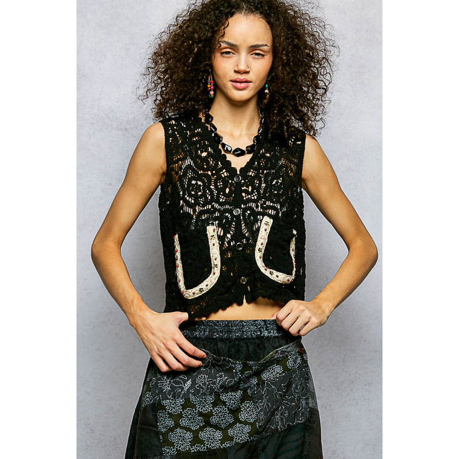 POL Button Down Cropped Crochet Vest with Scalloped Edge BLACK / One Size Apparel and Accessories