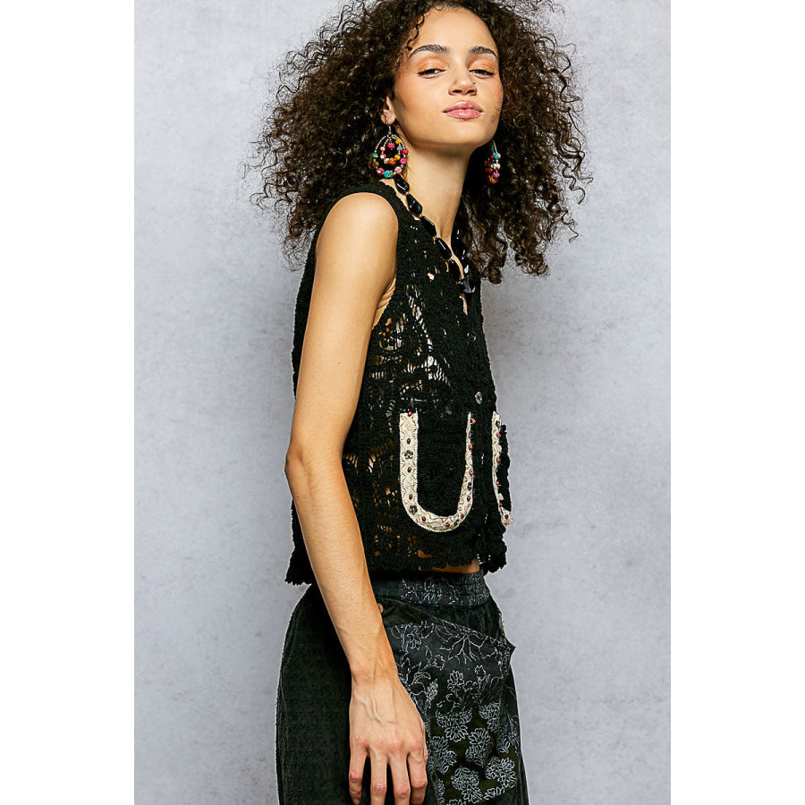 POL Button Down Cropped Crochet Vest with Scalloped Edge BLACK / One Size Apparel and Accessories