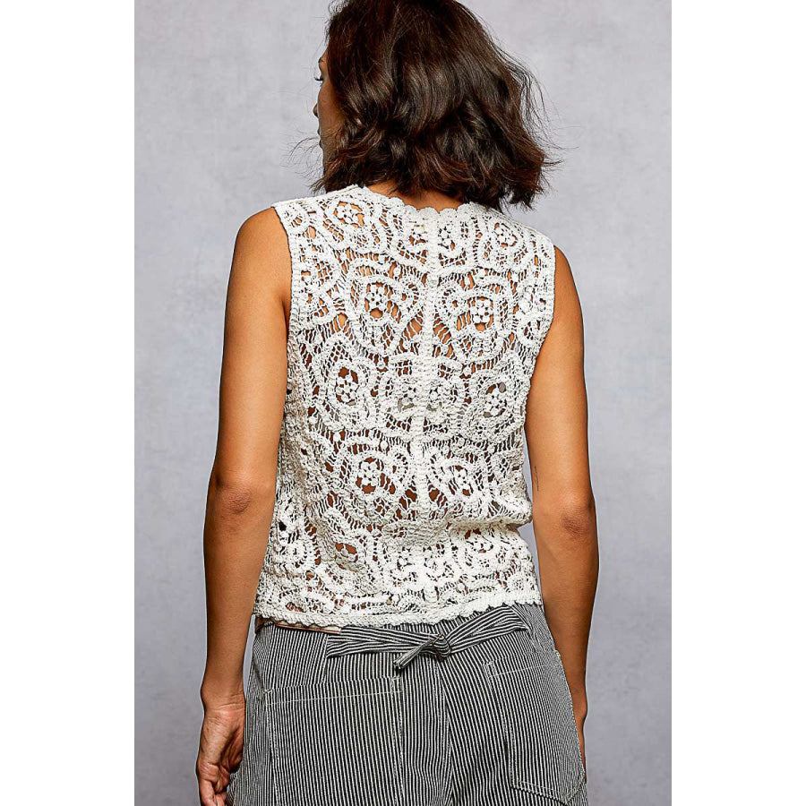 POL Button Down Cropped Crochet Vest with Scalloped Edge OFF WHITE / One Size Apparel and Accessories
