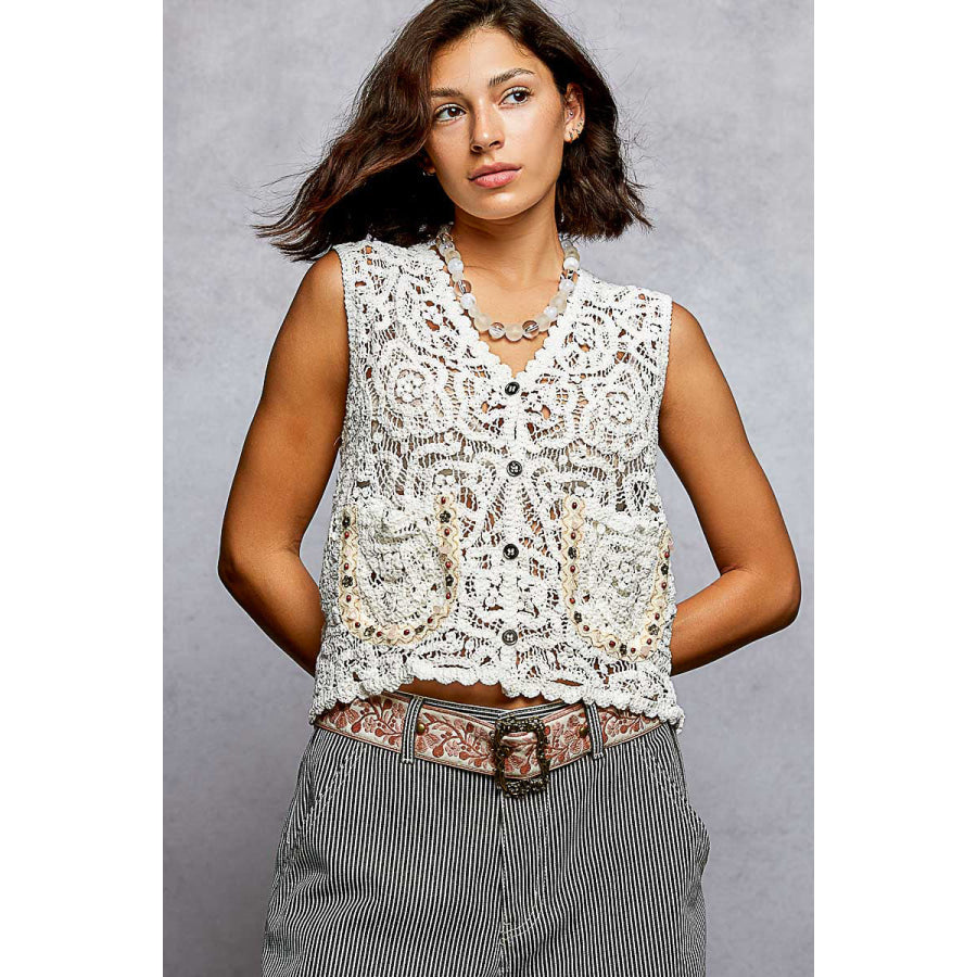 POL Button Down Cropped Crochet Vest with Scalloped Edge OFF WHITE / One Size Apparel and Accessories