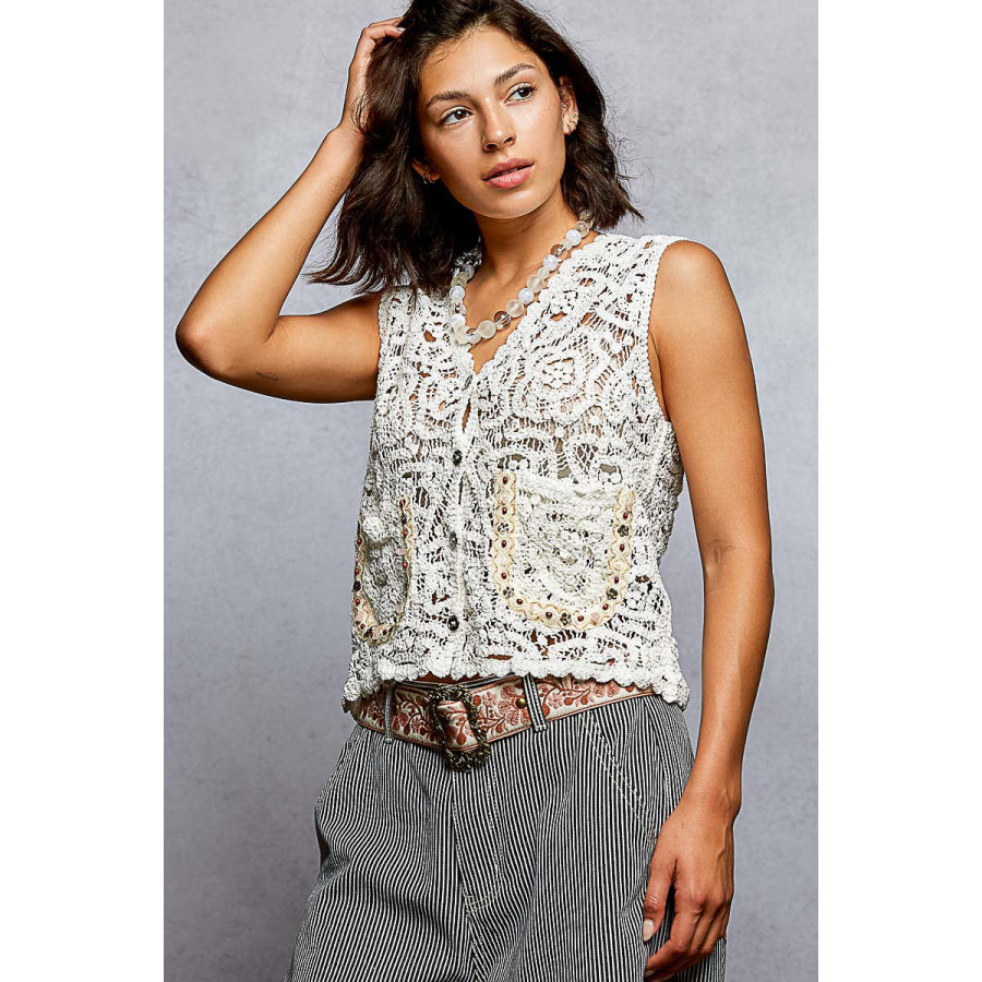 POL Button Down Cropped Crochet Vest with Scalloped Edge OFF WHITE / One Size Apparel and Accessories