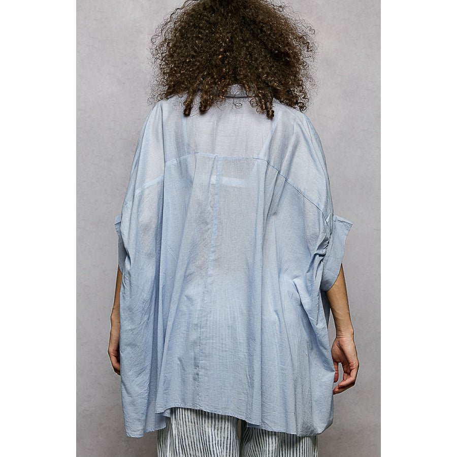 POL Button Down Embroidered Floral High-Low Hem Shirt Apparel and Accessories