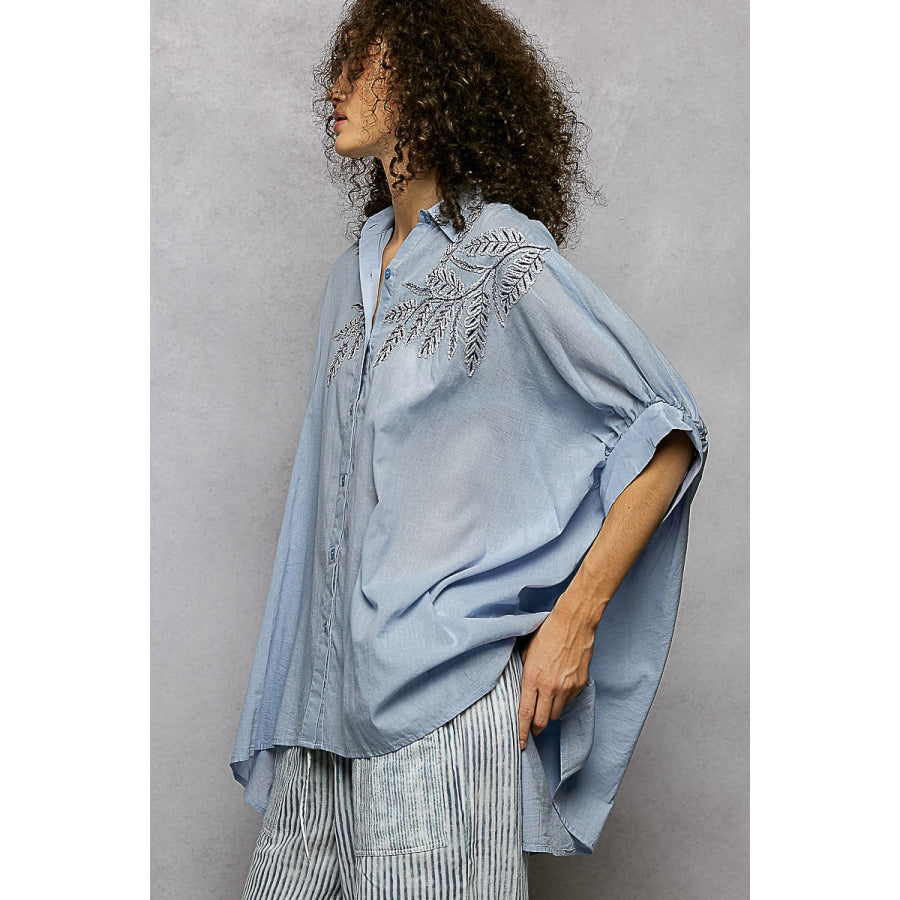 POL Button Down Embroidered Floral High-Low Hem Shirt Apparel and Accessories