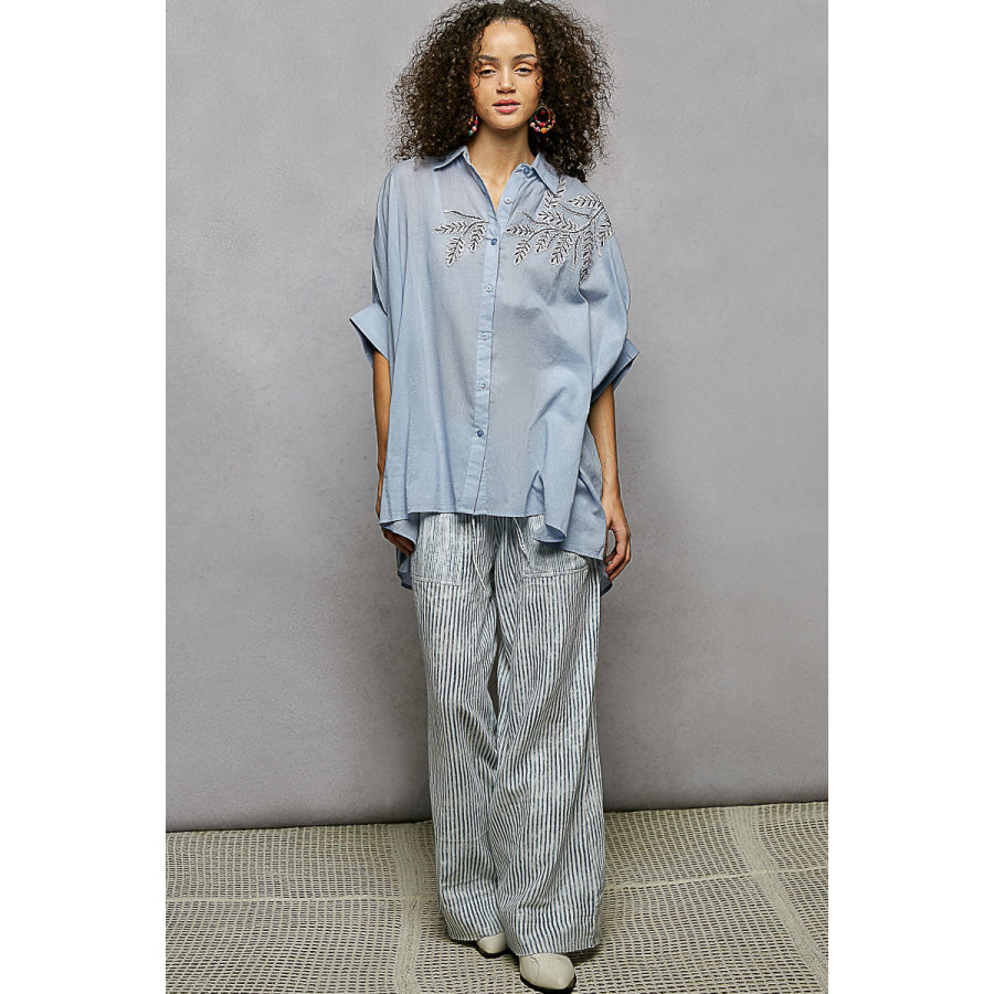 POL Button Down Embroidered Floral High-Low Hem Shirt Apparel and Accessories
