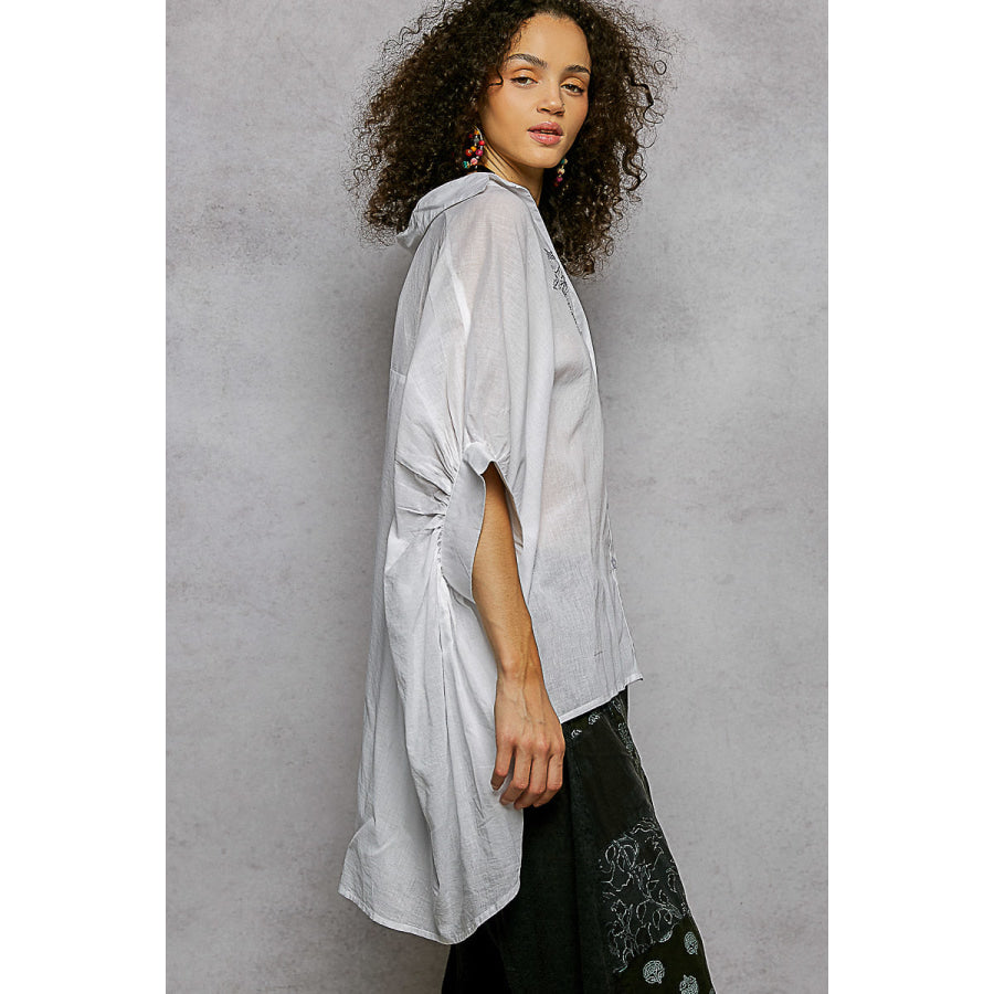 POL Button Down Embroidered Floral High-Low Hem Shirt Apparel and Accessories