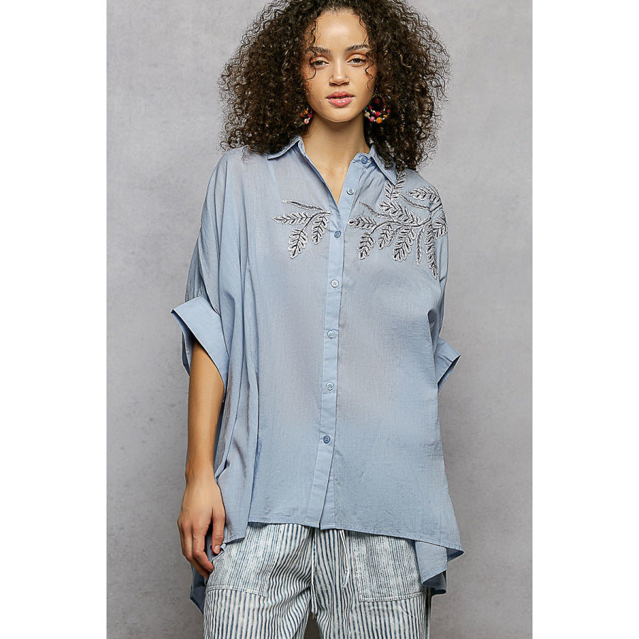 POL Button Down Embroidered Floral High-Low Hem Shirt SKY BLUE / S Apparel and Accessories