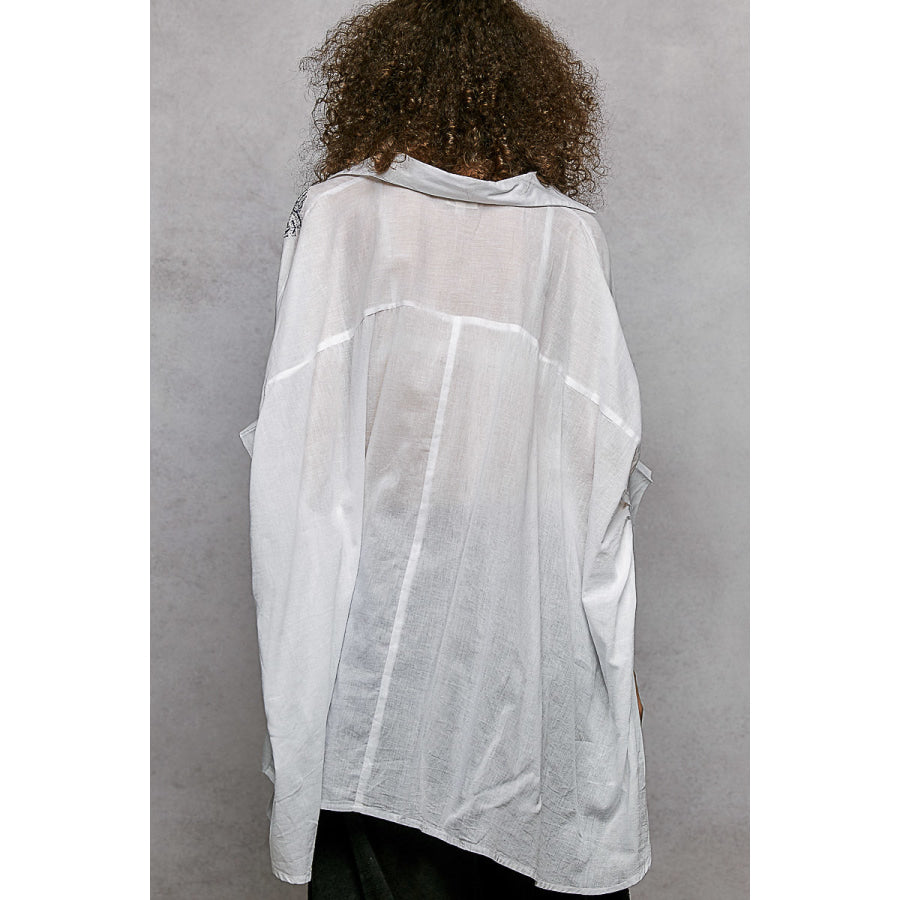 POL Button Down Embroidered Floral High-Low Hem Shirt Apparel and Accessories
