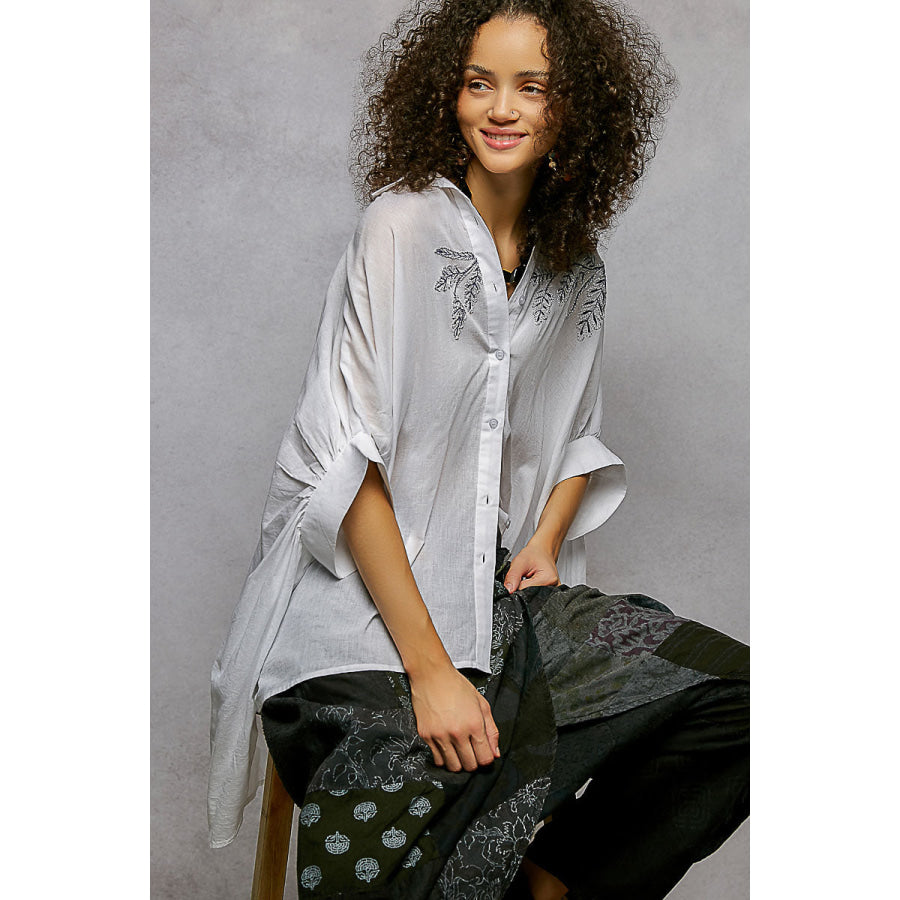 POL Button Down Embroidered Floral High-Low Hem Shirt Apparel and Accessories
